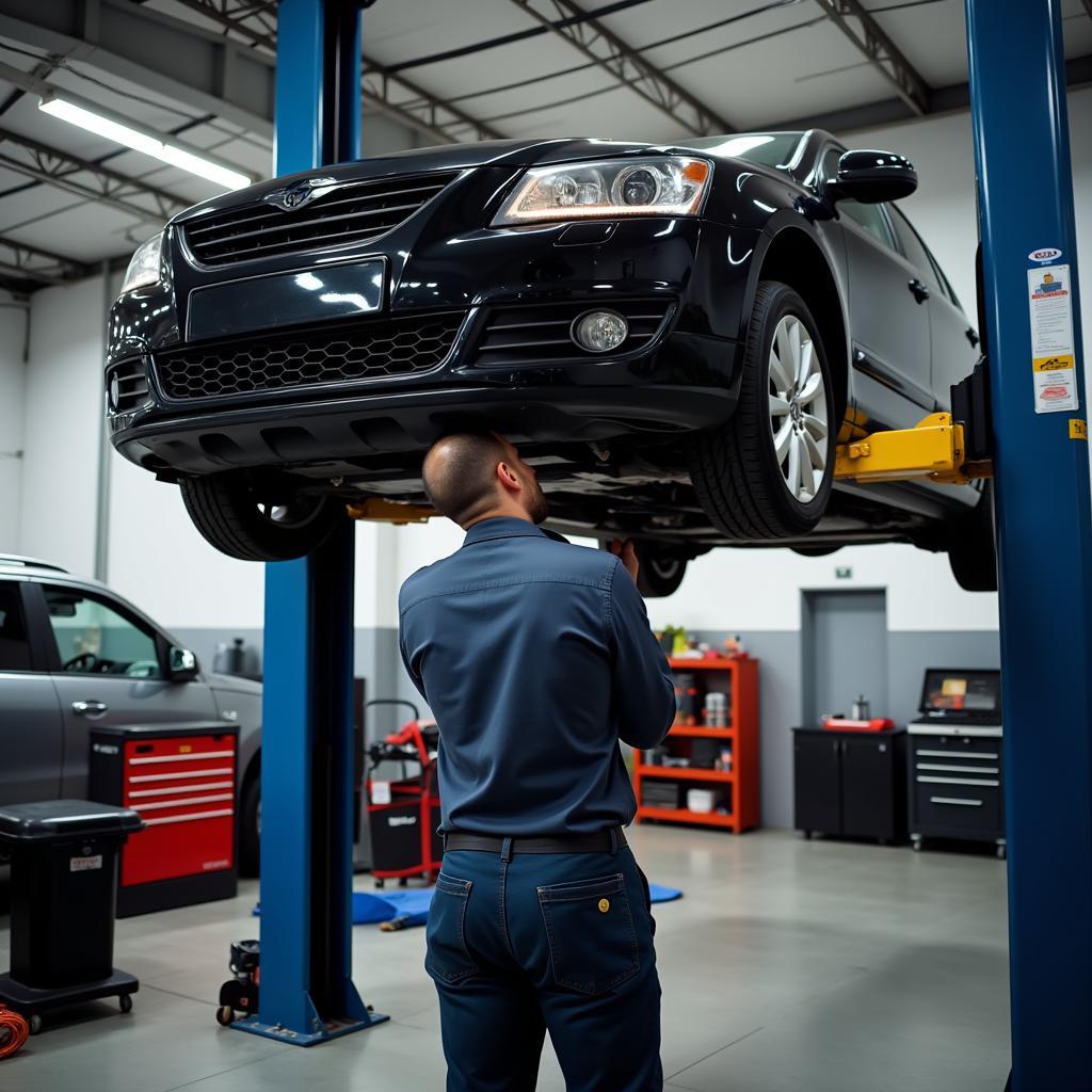 Mechanic performing repairs on a car lifted on a hydraulic lift.