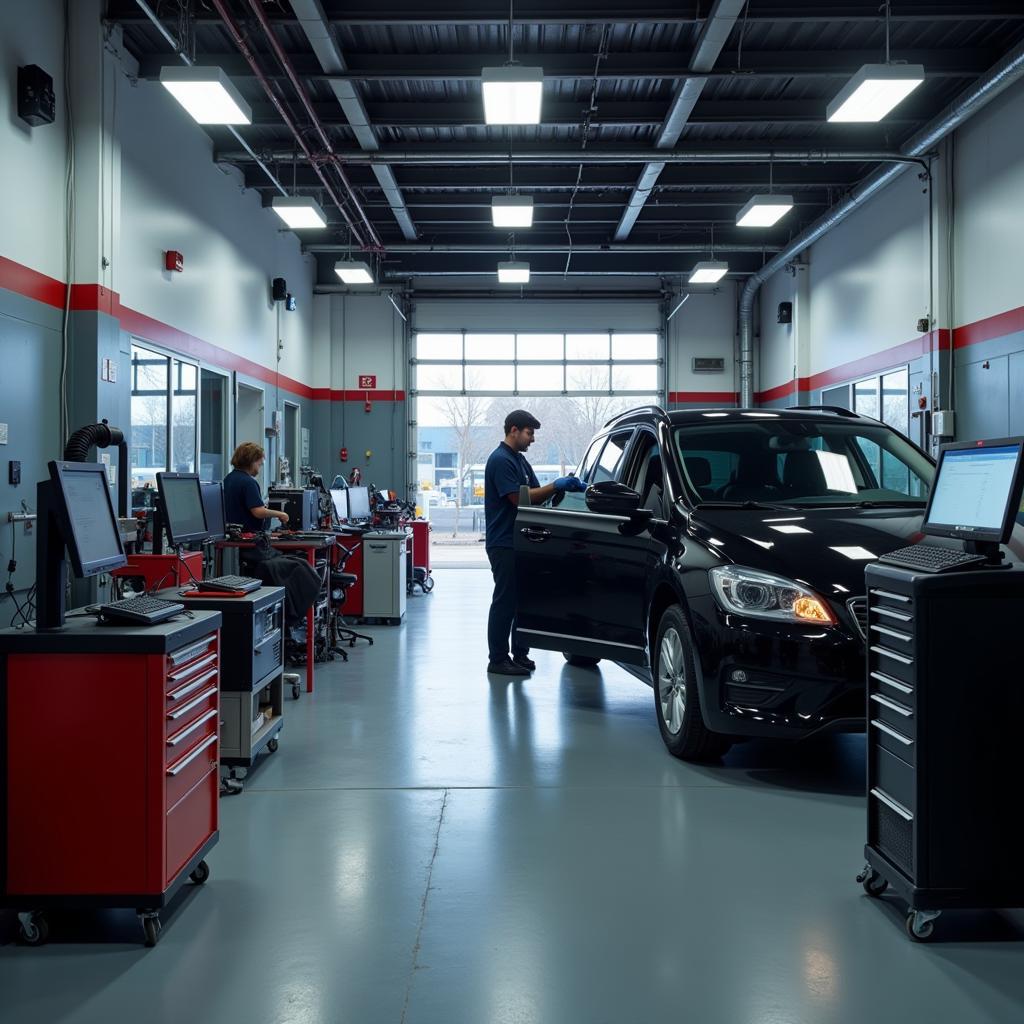 Modern Auto Repair Shop with Technician Working