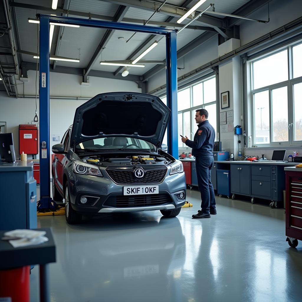 Modern car repair shop with a mechanic working on an AC system