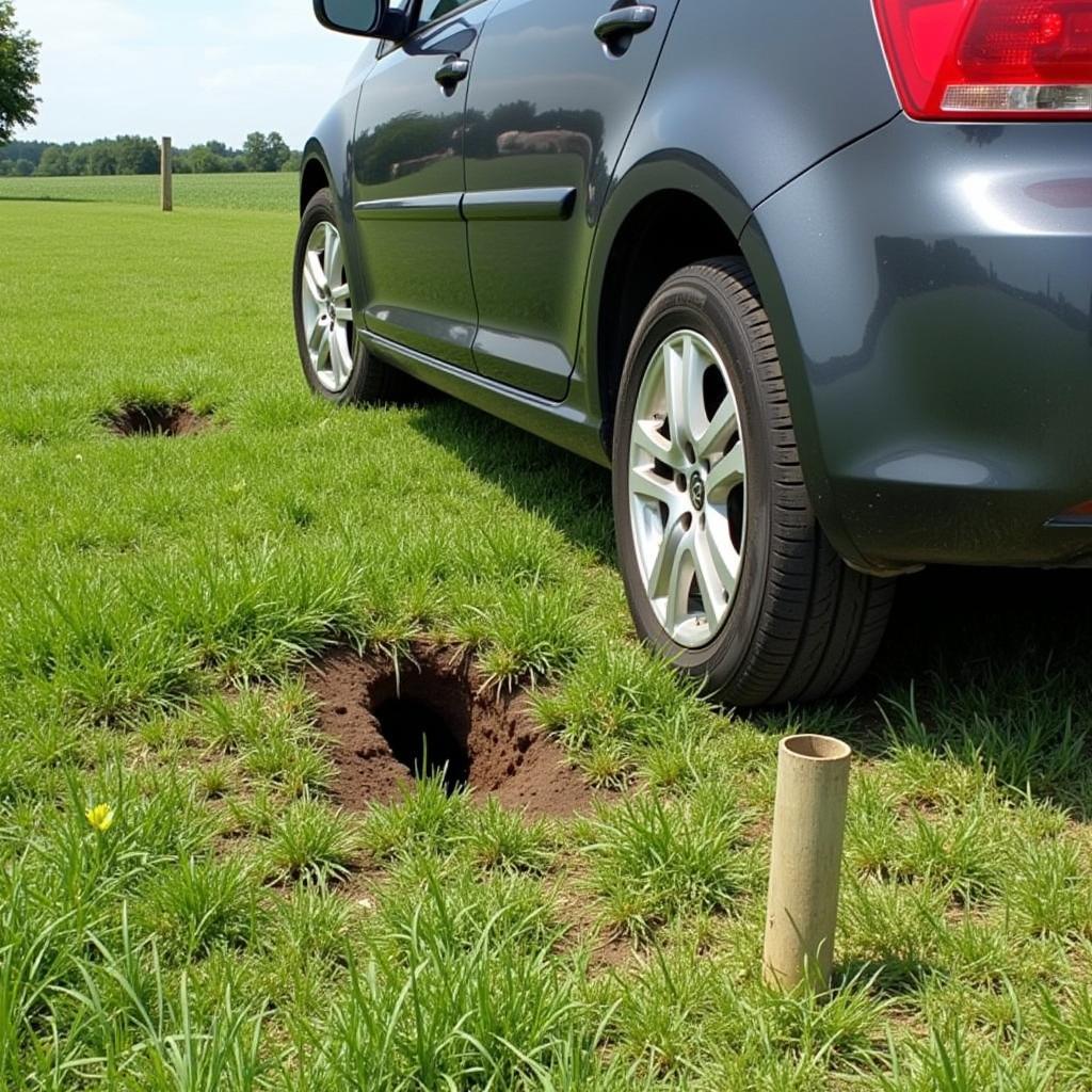 Mole tunnels near car exhaust pipe