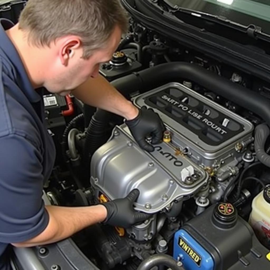 Close-up of a mechanic replacing an oil pan gasket on a car engine