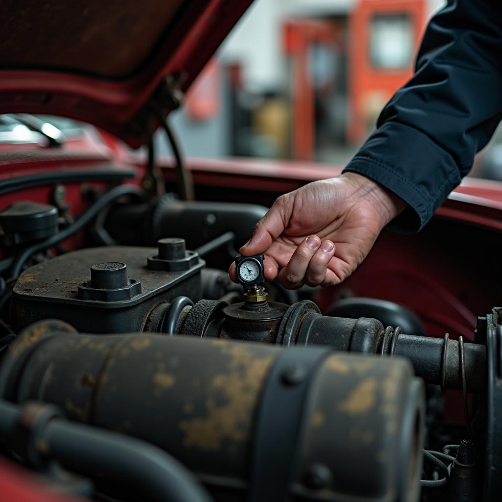 Checking the coolant level of an old car