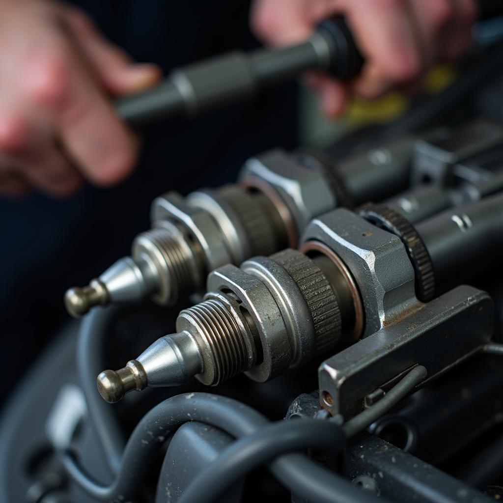 Inspecting spark plugs in an old car