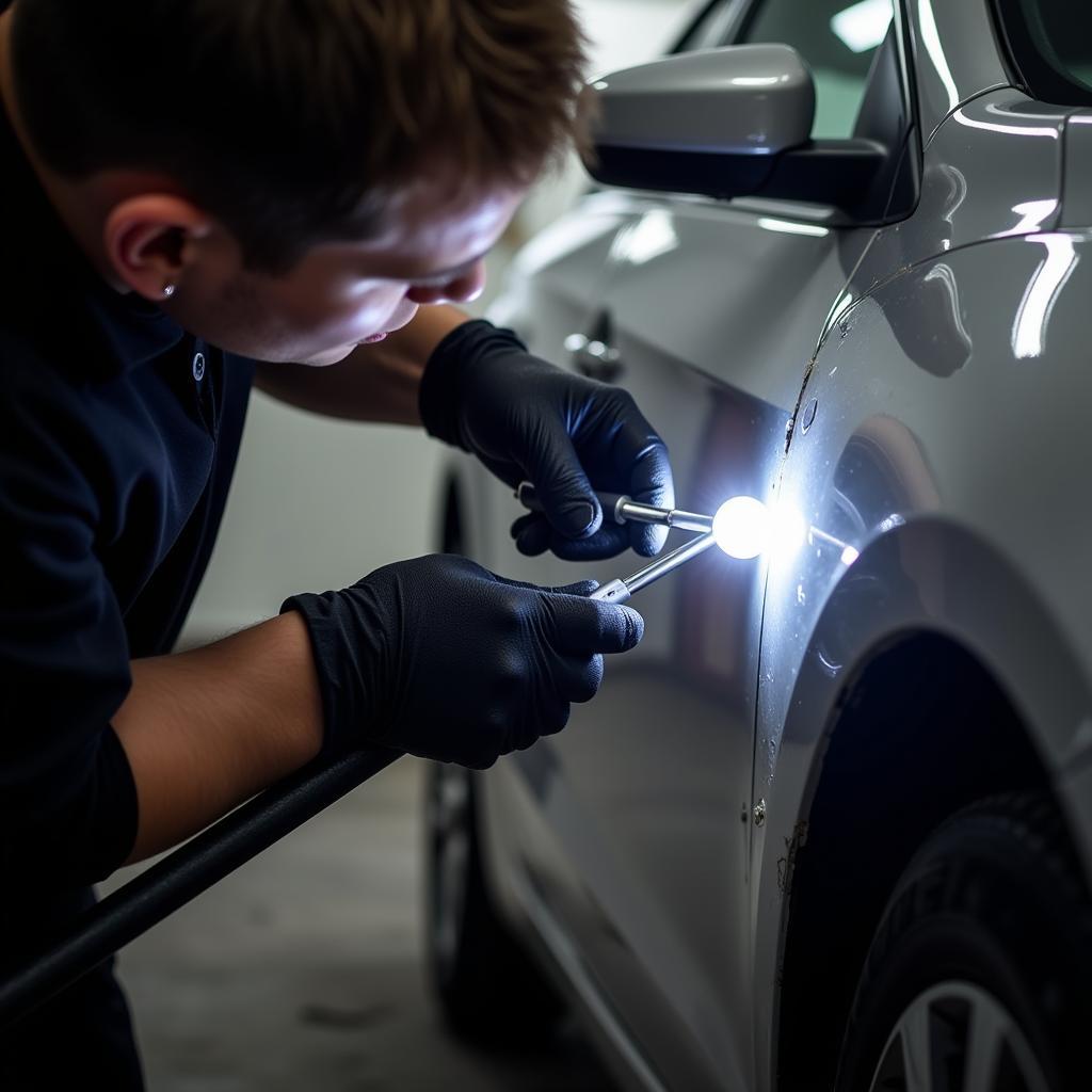 Technician performing paintless dent repair