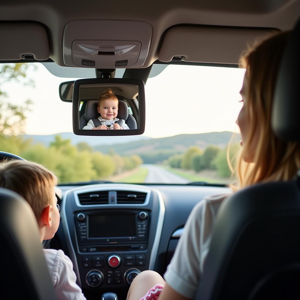 Parent using car seat mirror while driving