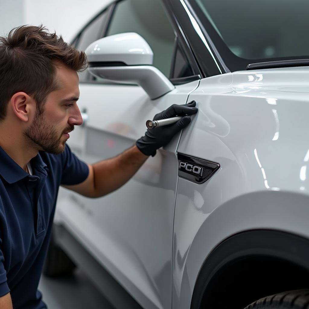 Paintless dent removal technician working on a car