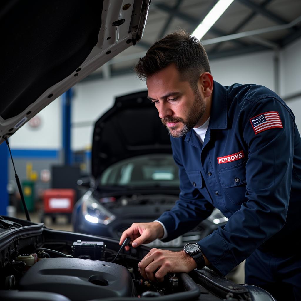 Pep Boys Mechanic Inspecting Engine