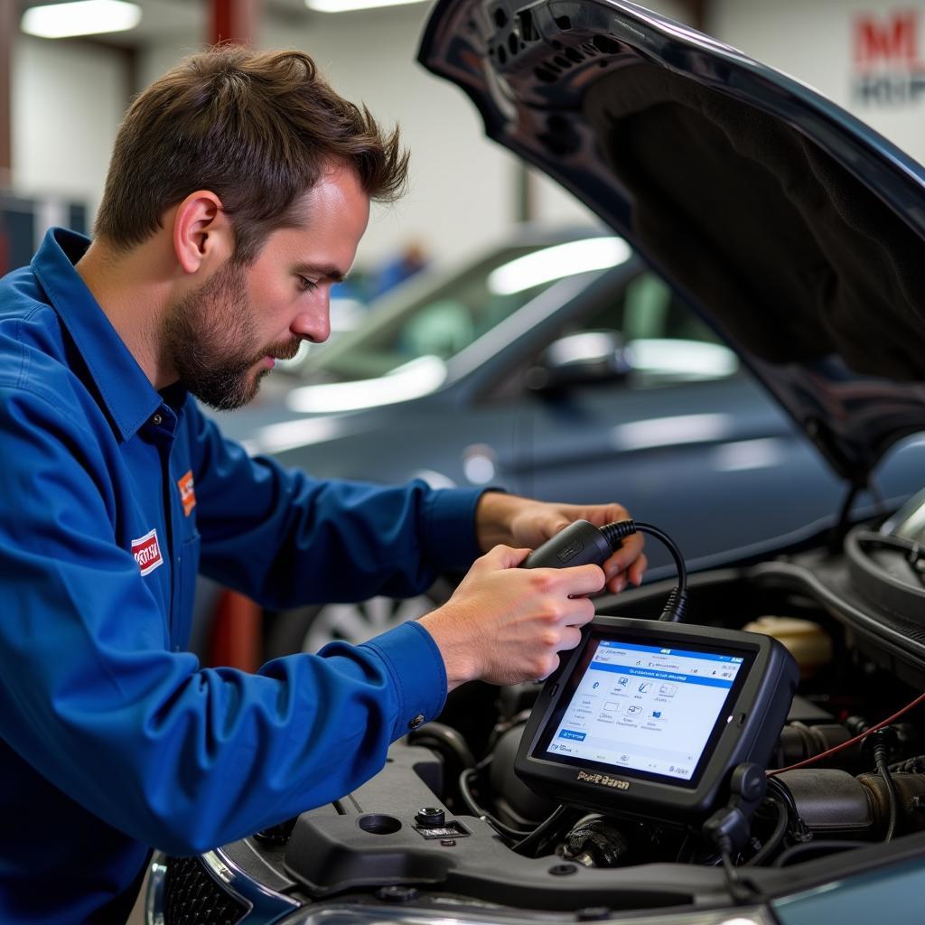 Pep Boys Technician Using Diagnostic Equipment