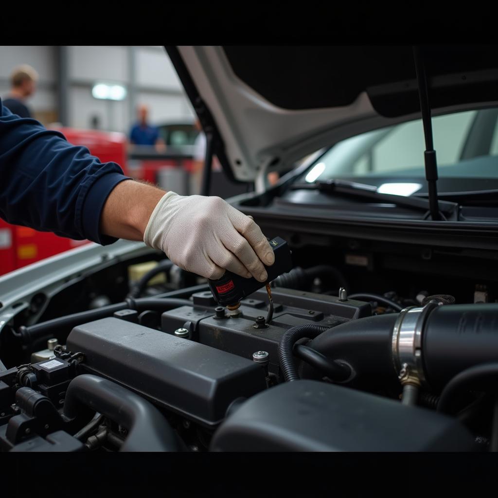 Mechanic checking power steering fluid