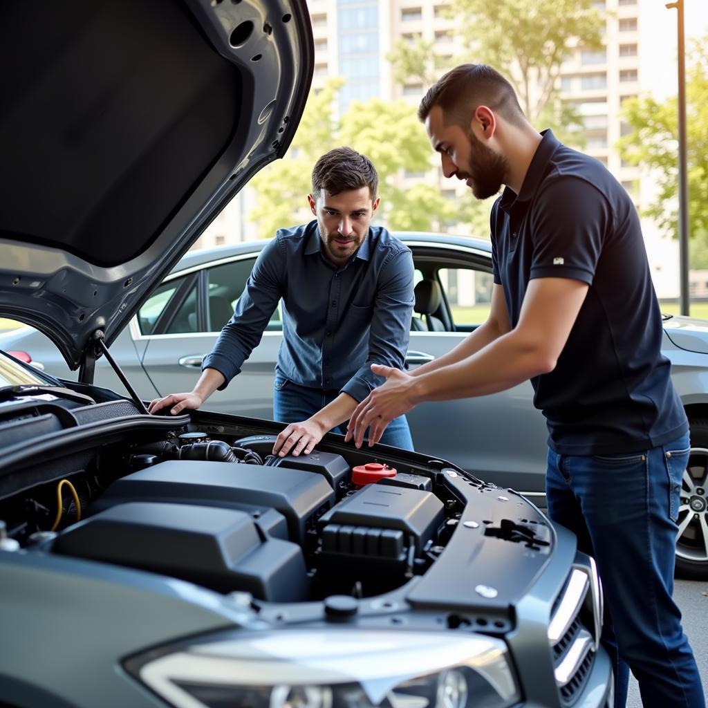 Private buyer inspecting car engine