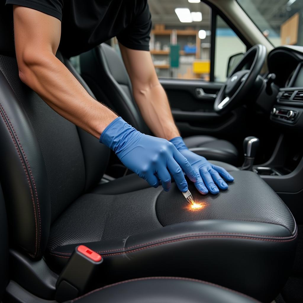  Professional repairing cigarette burn damage on a car seat 