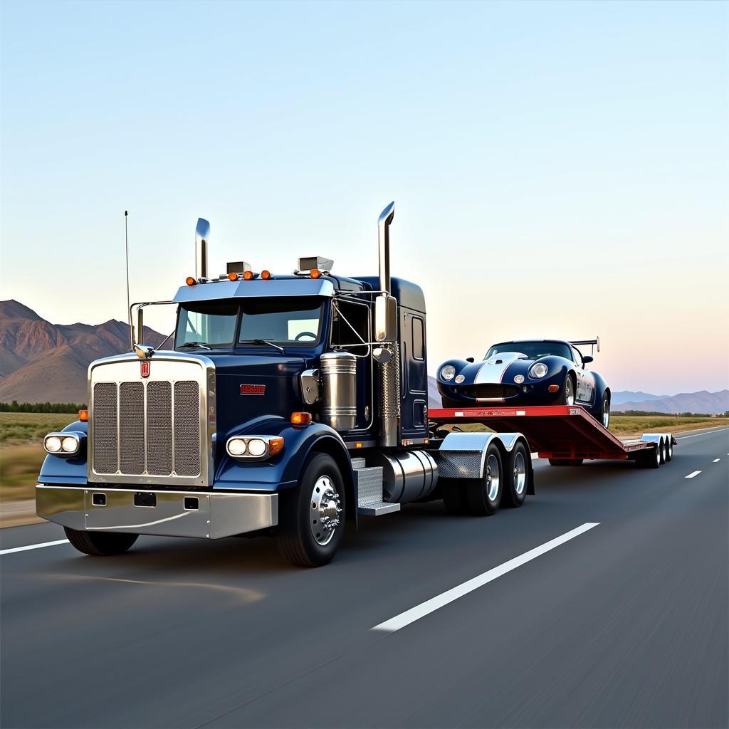 Tow truck hauling a race car on the highway