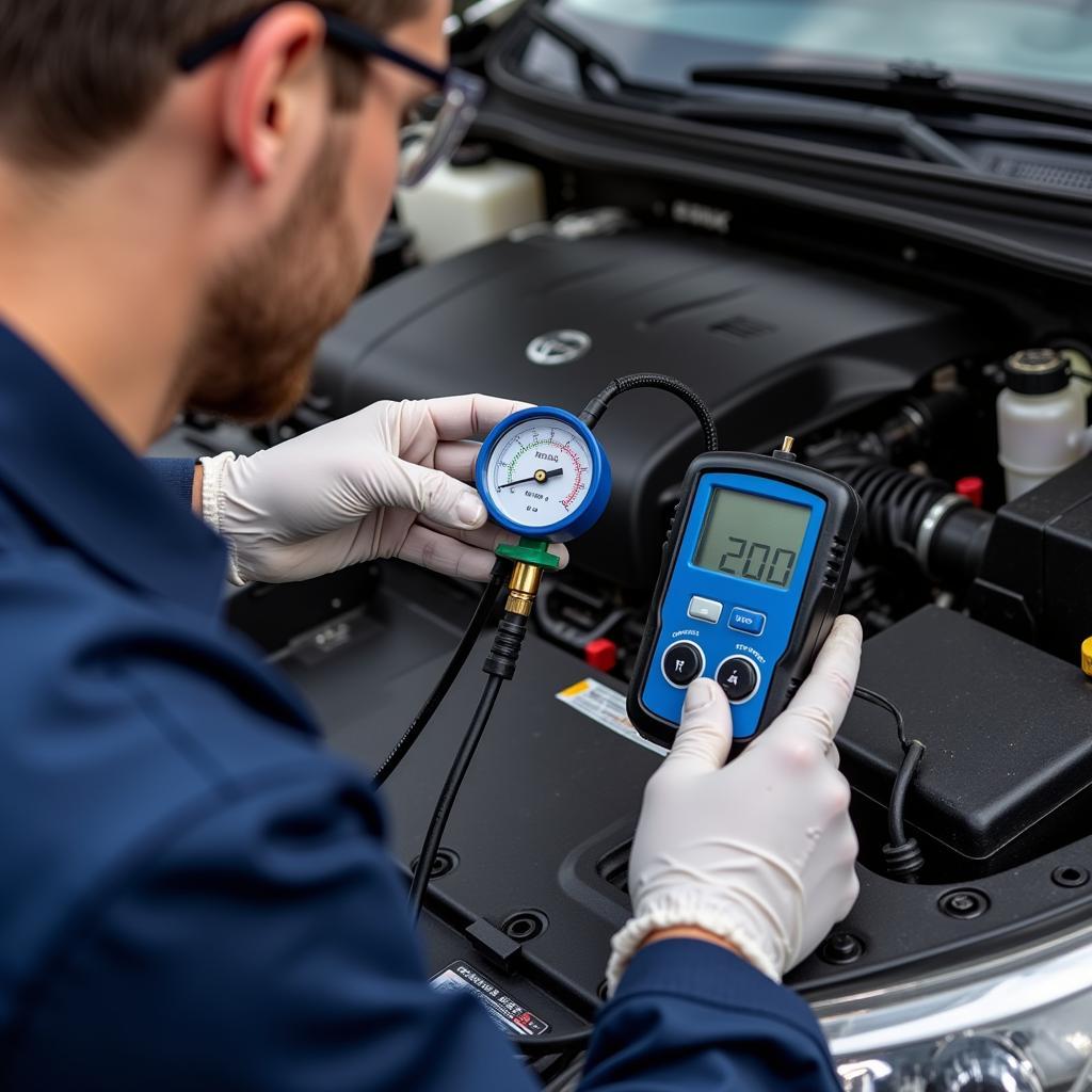 Technician performing refrigerant leak detection on car AC