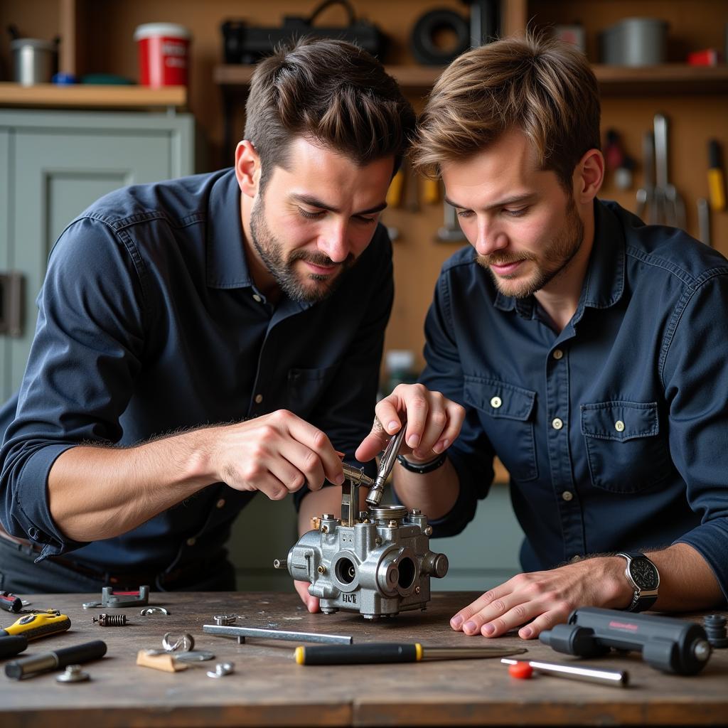 Father and Son Repairing a Carburetor