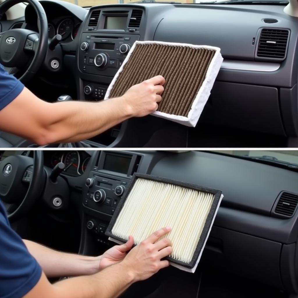 Mechanic replacing the cabin air filter in a car