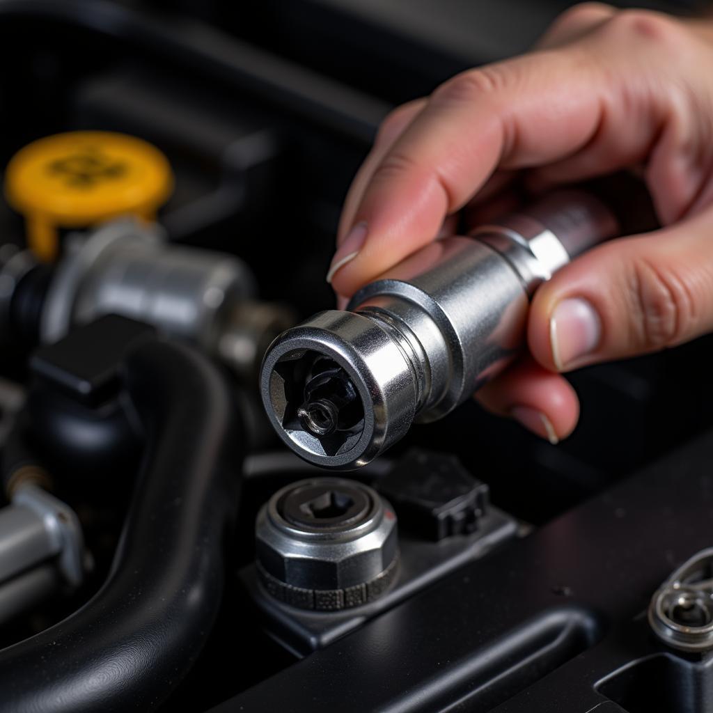 Mechanic replacing a car spark plug.