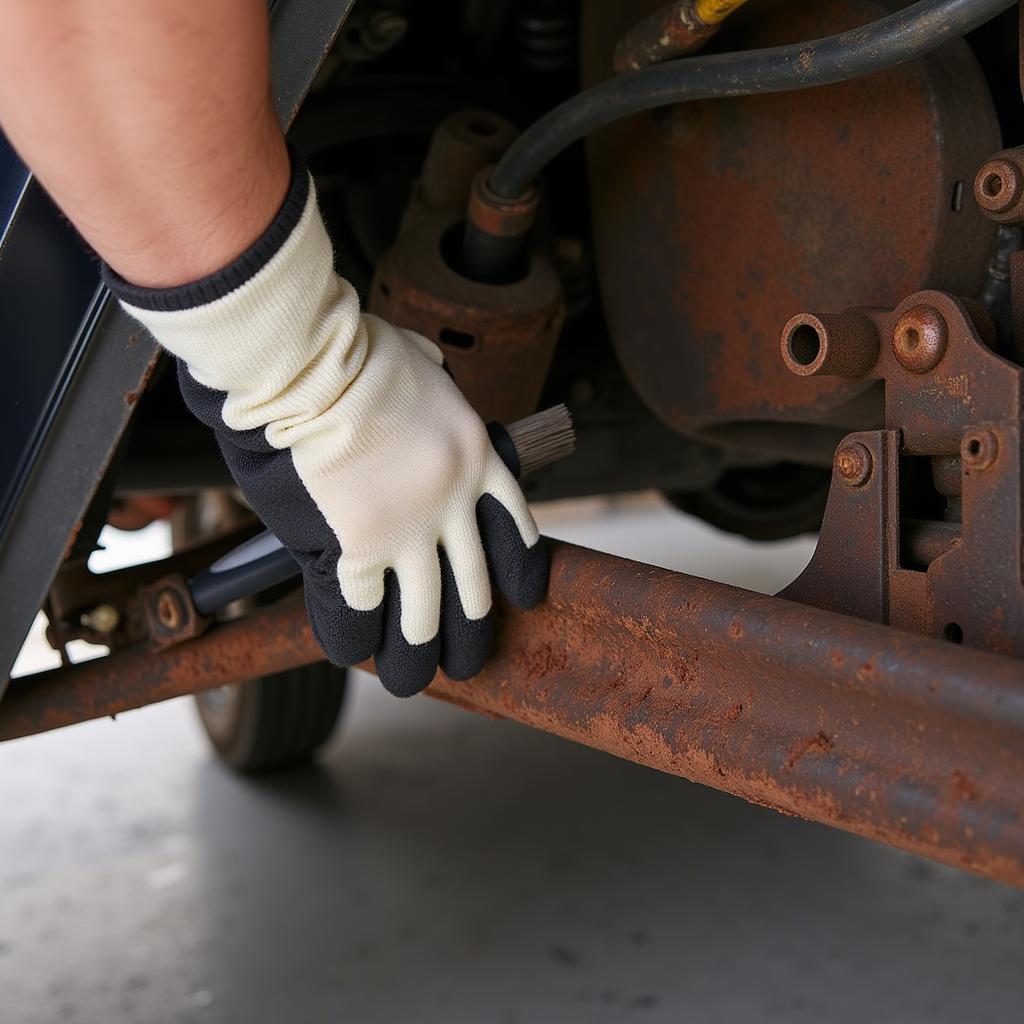 Applying Rust Treatment to Car Undercarriage