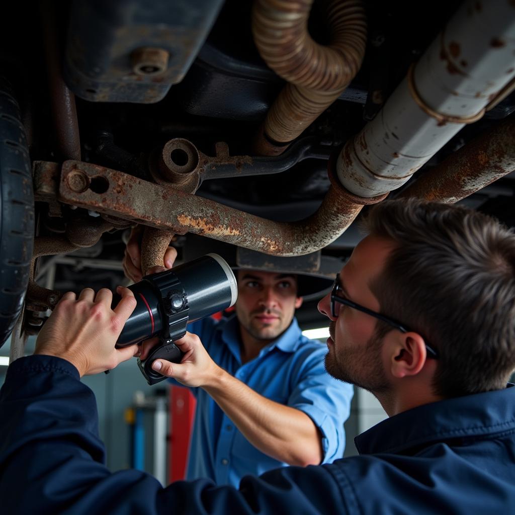 Mechanic Inspecting a Saturn Car Chassis