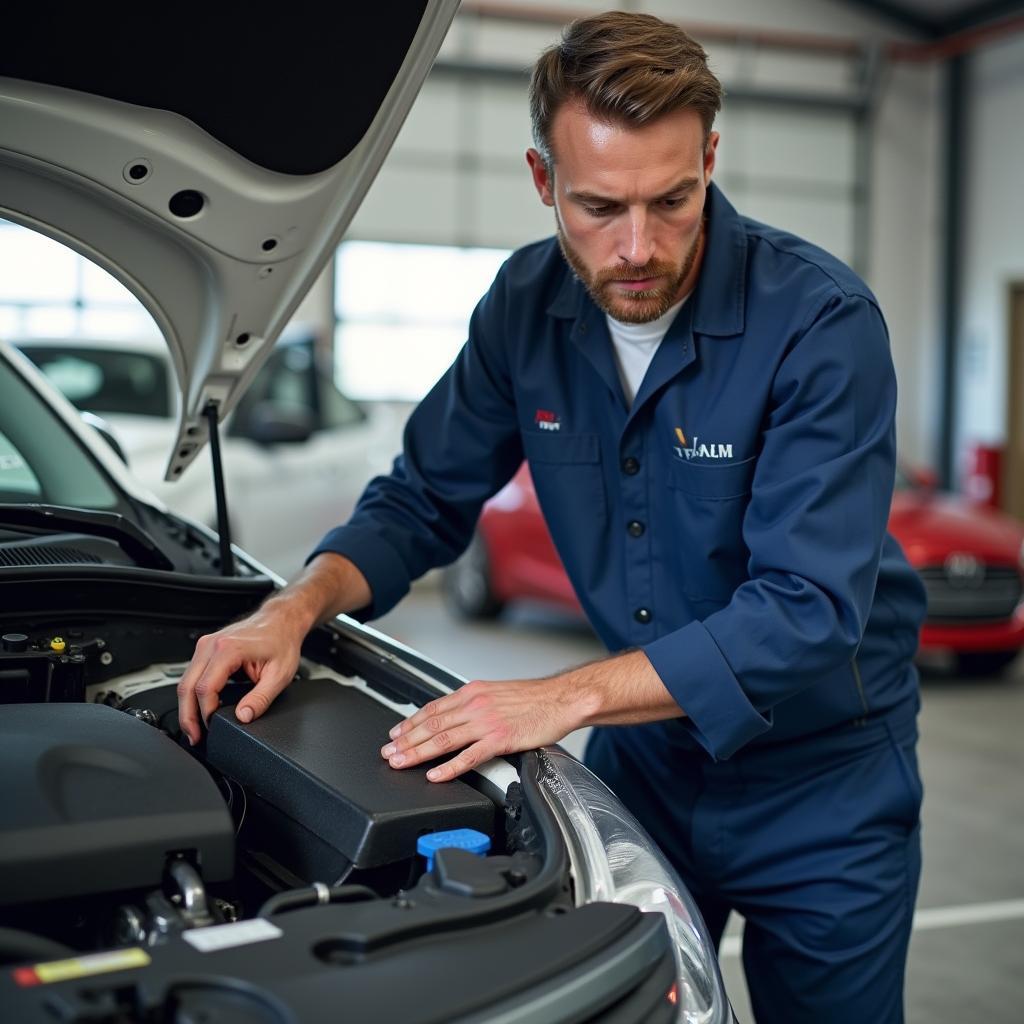 A professional mechanic inspecting a car with problems