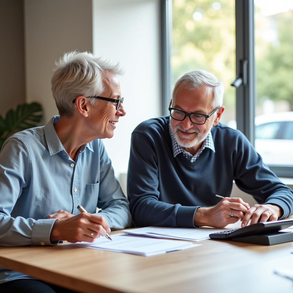 Senior couple budgeting for a car