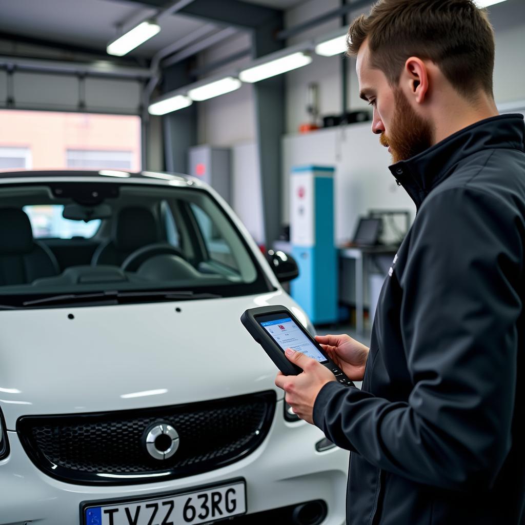 Smart car being inspected by a technician in a professional garage