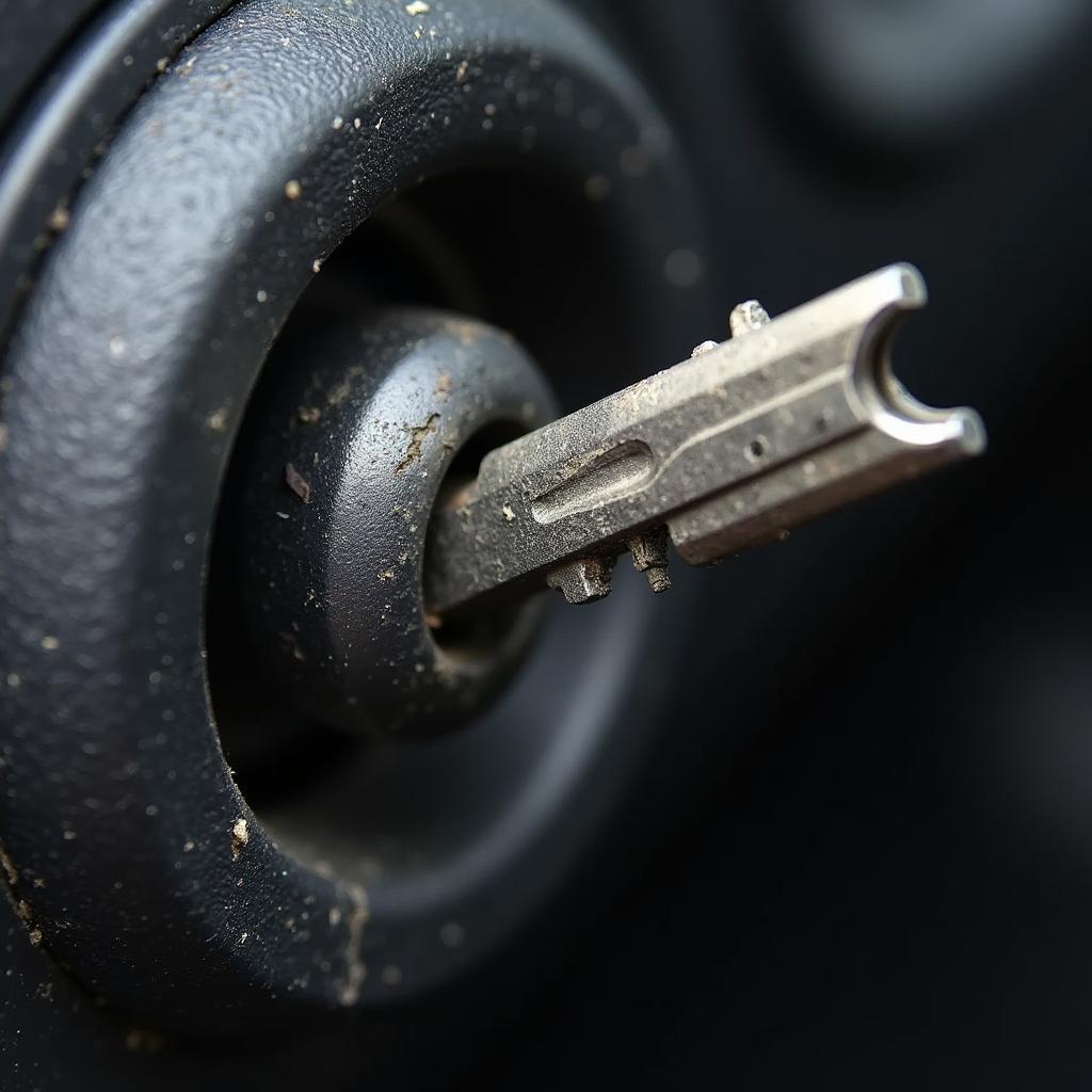 A broken car key stuck in the ignition cylinder