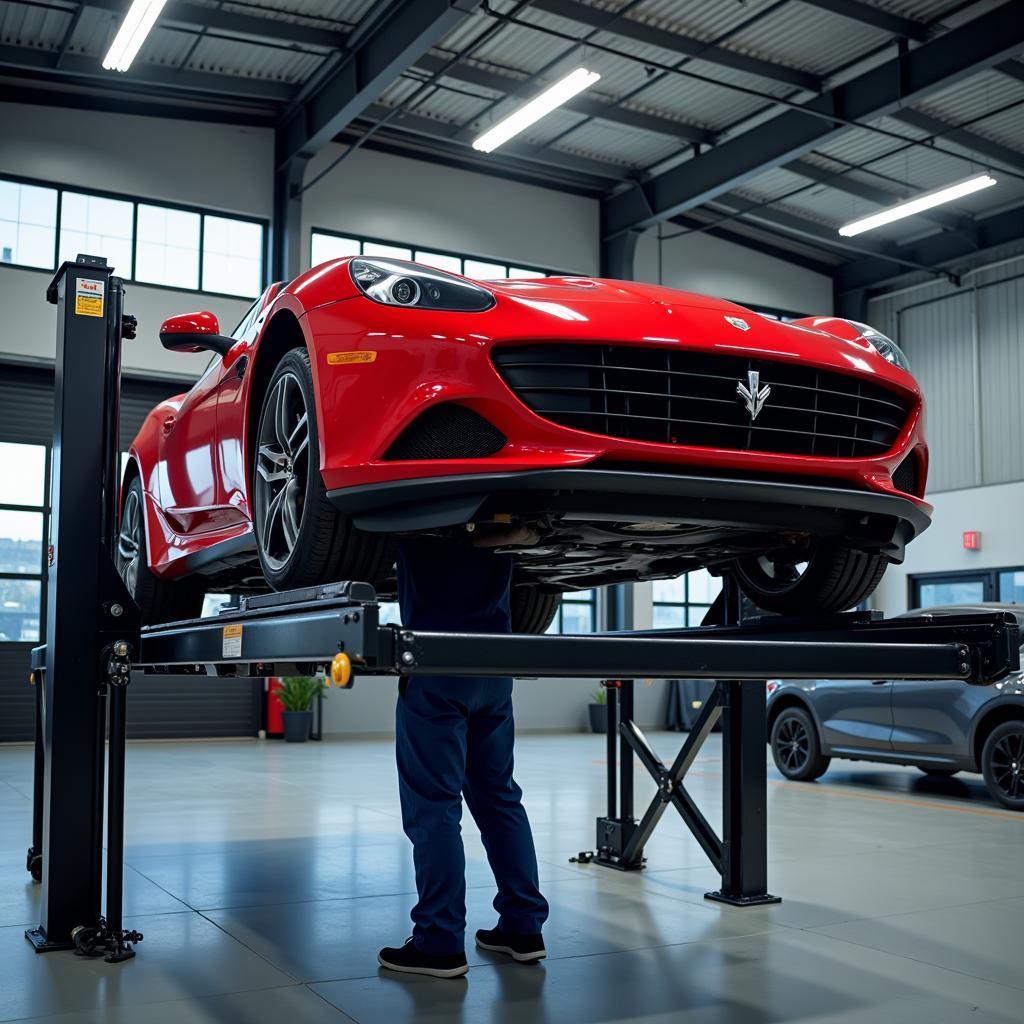 Sports car undergoing maintenance