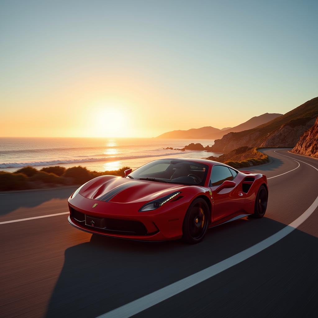 Red sports car driving on a scenic road