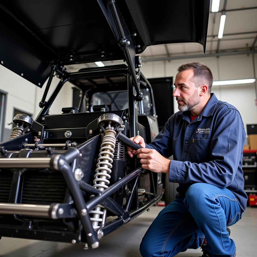 Inspecting the chassis of a sprint car