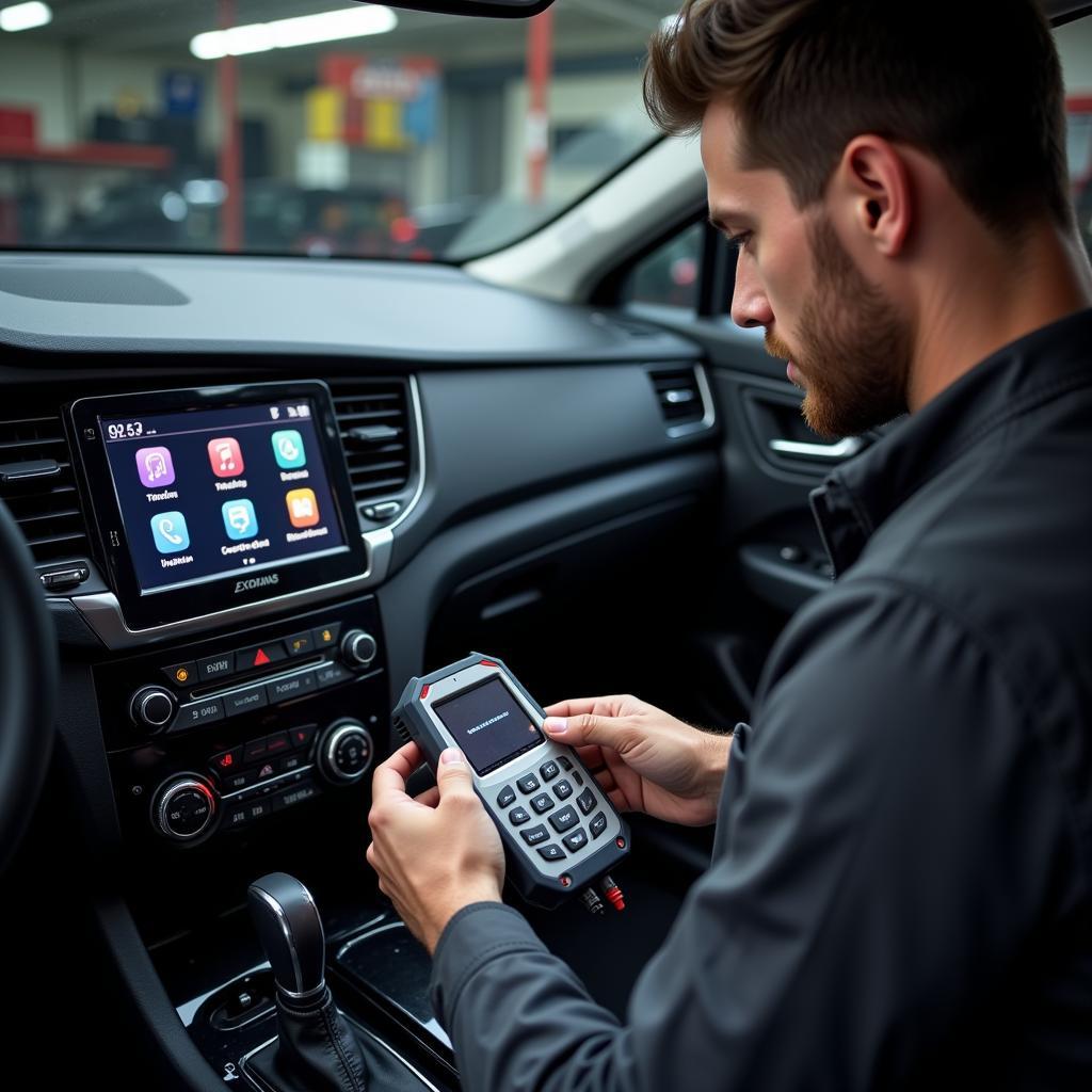 Automotive technician diagnosing a car's infotainment system for x3daudio1_7.dll errors.