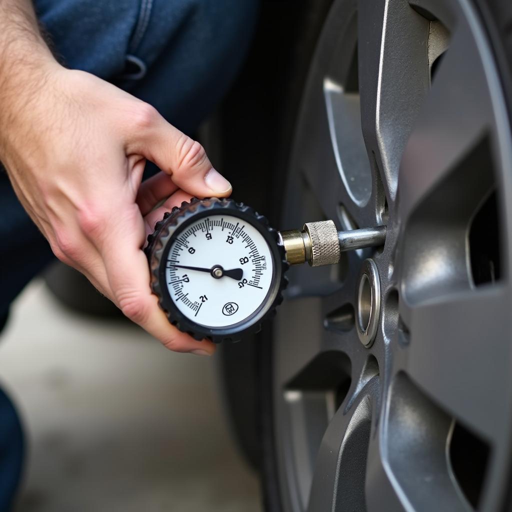 Checking tire pressure with a gauge