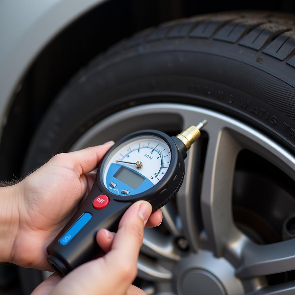 Checking tire pressure with a gauge