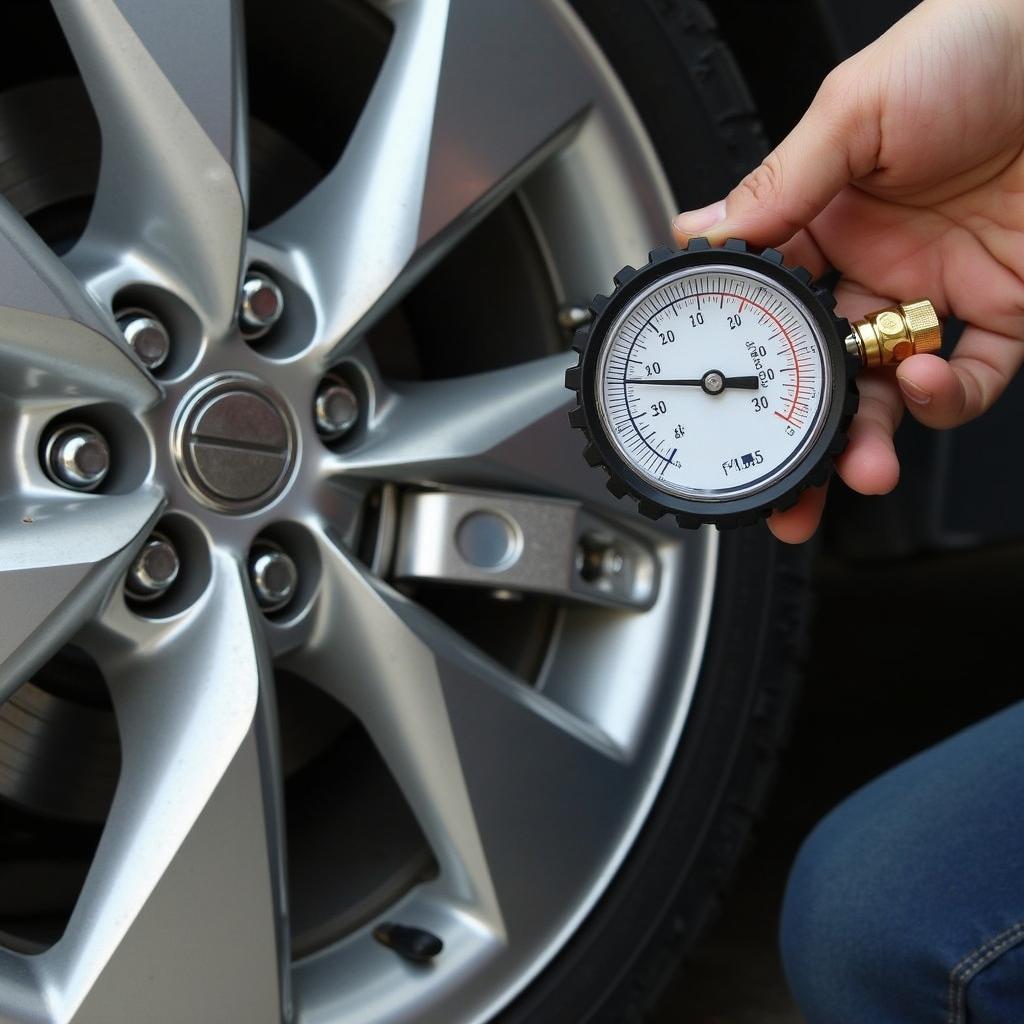 Checking tire pressure using a tire gauge