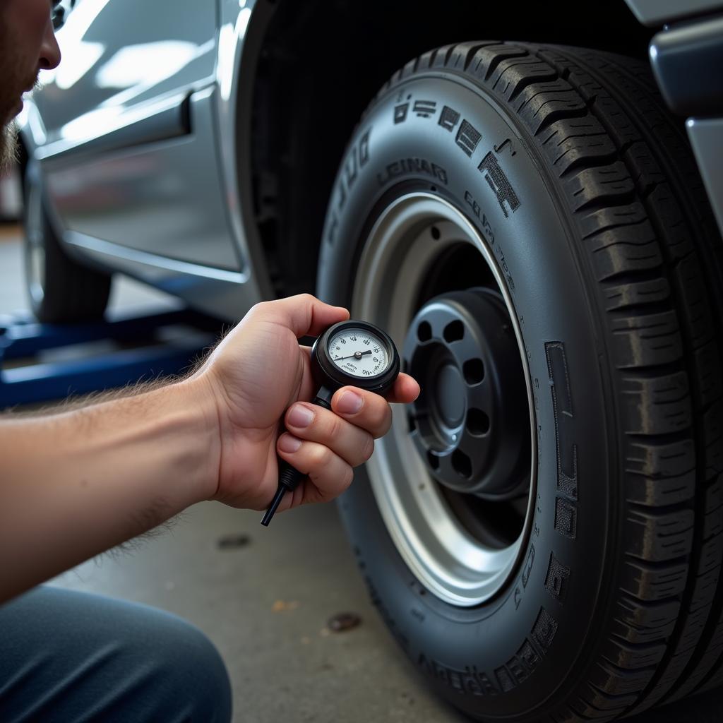 Checking tire pressure with a gauge