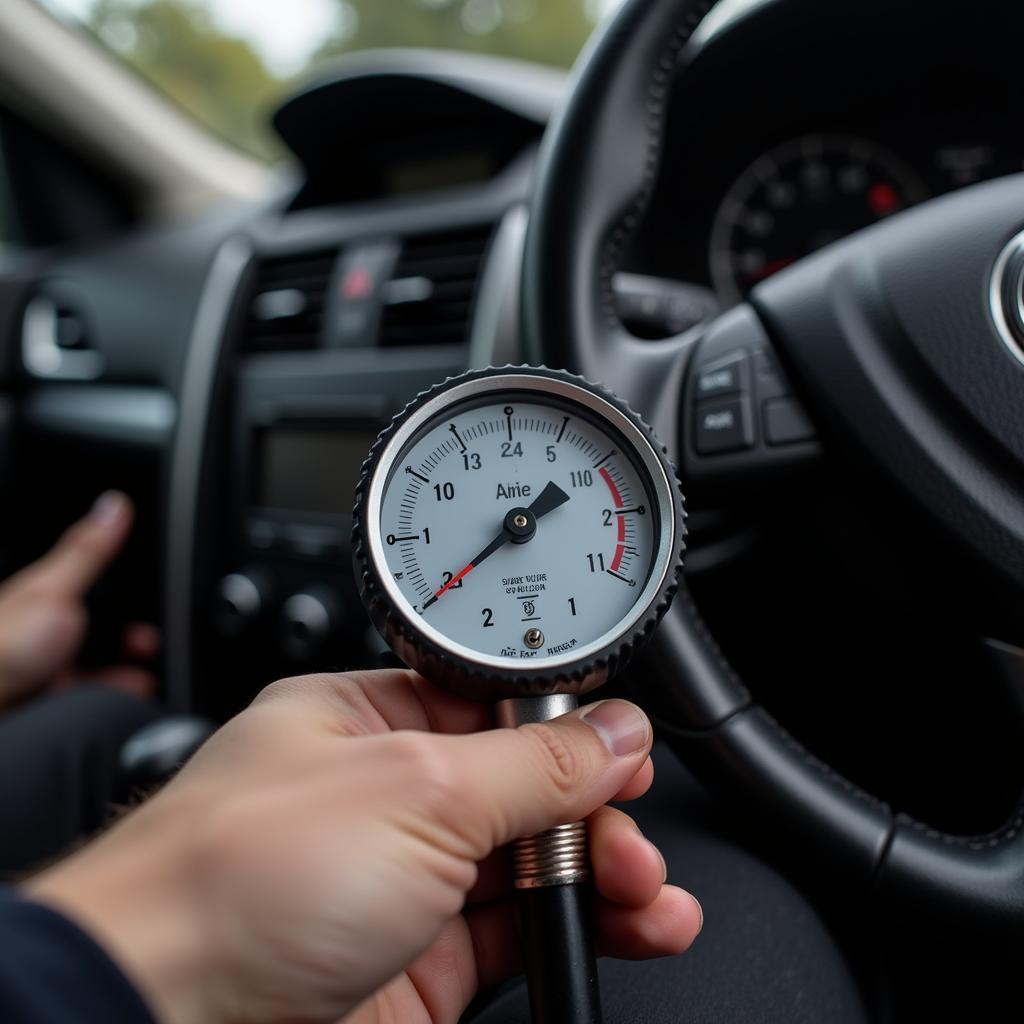 Checking tire pressure with a gauge.