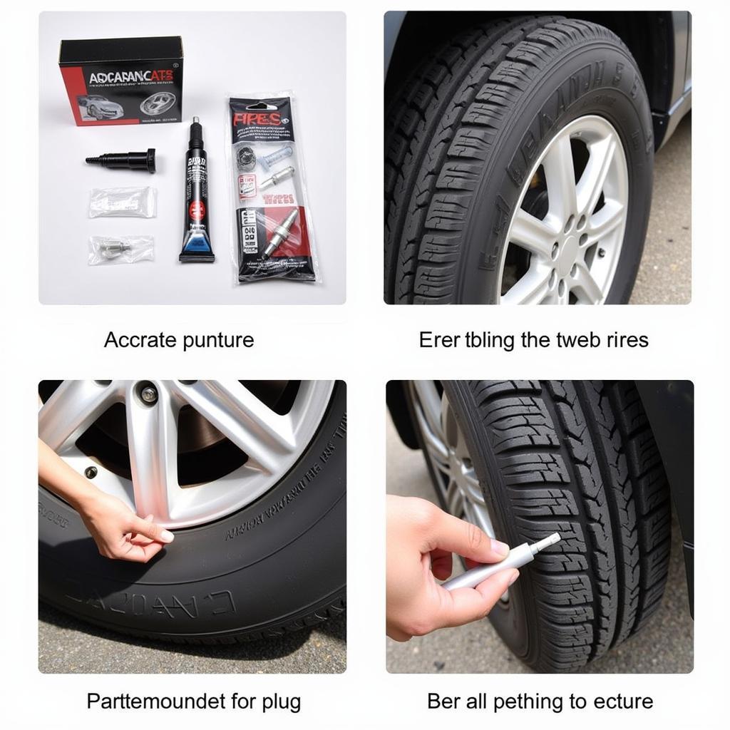 Using a tire repair kit to fix a puncture.