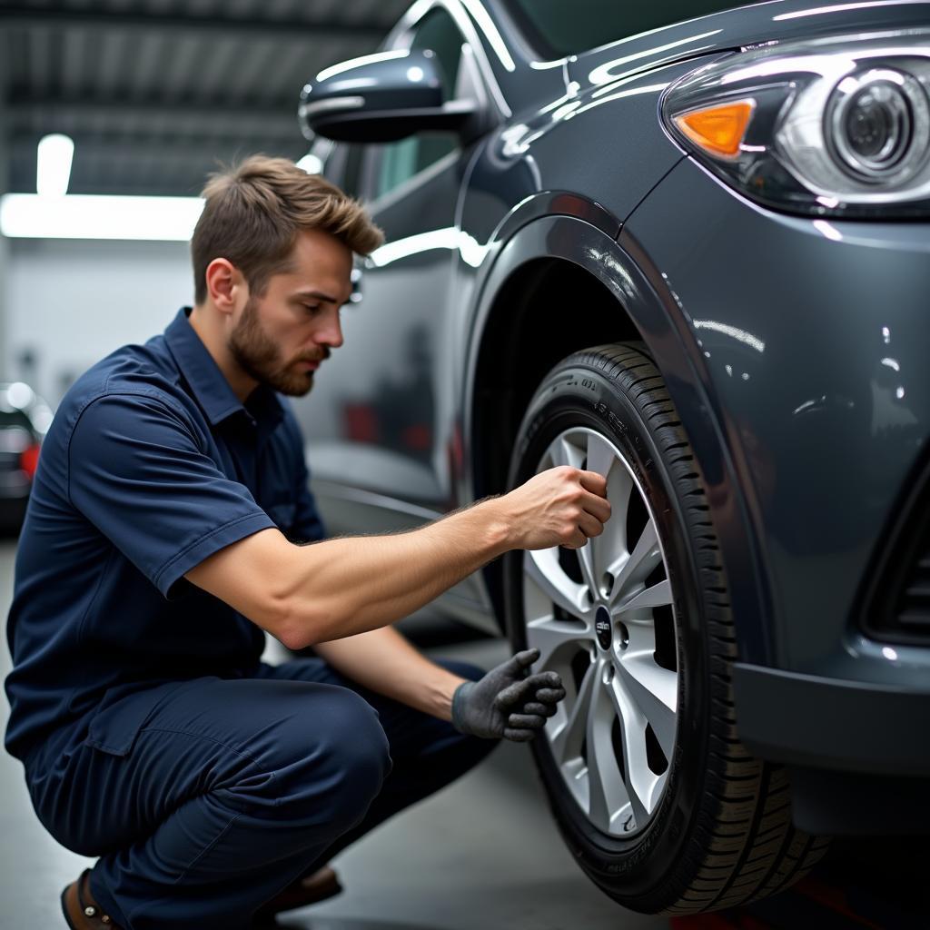 Tire rotation and alignment services at a car maintenance shop