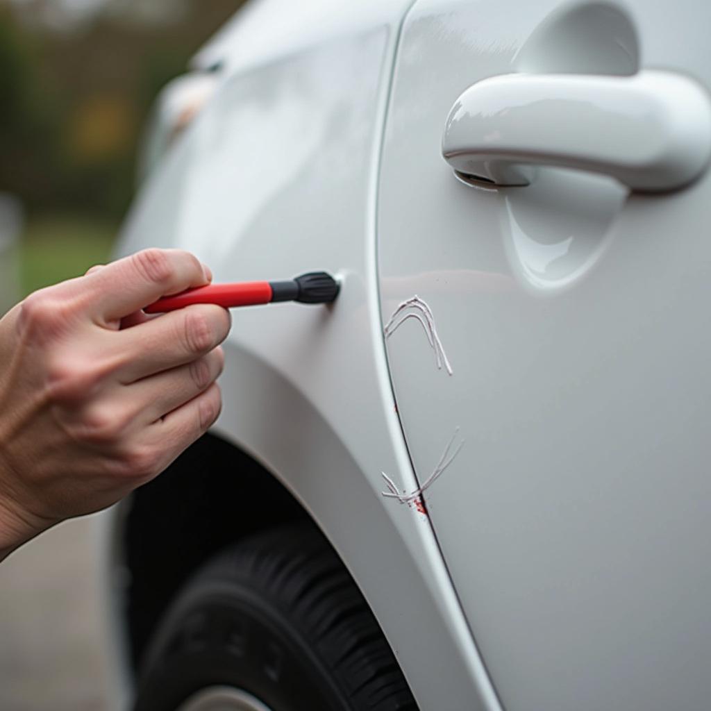 Applying touch-up paint to a keyed car scratch