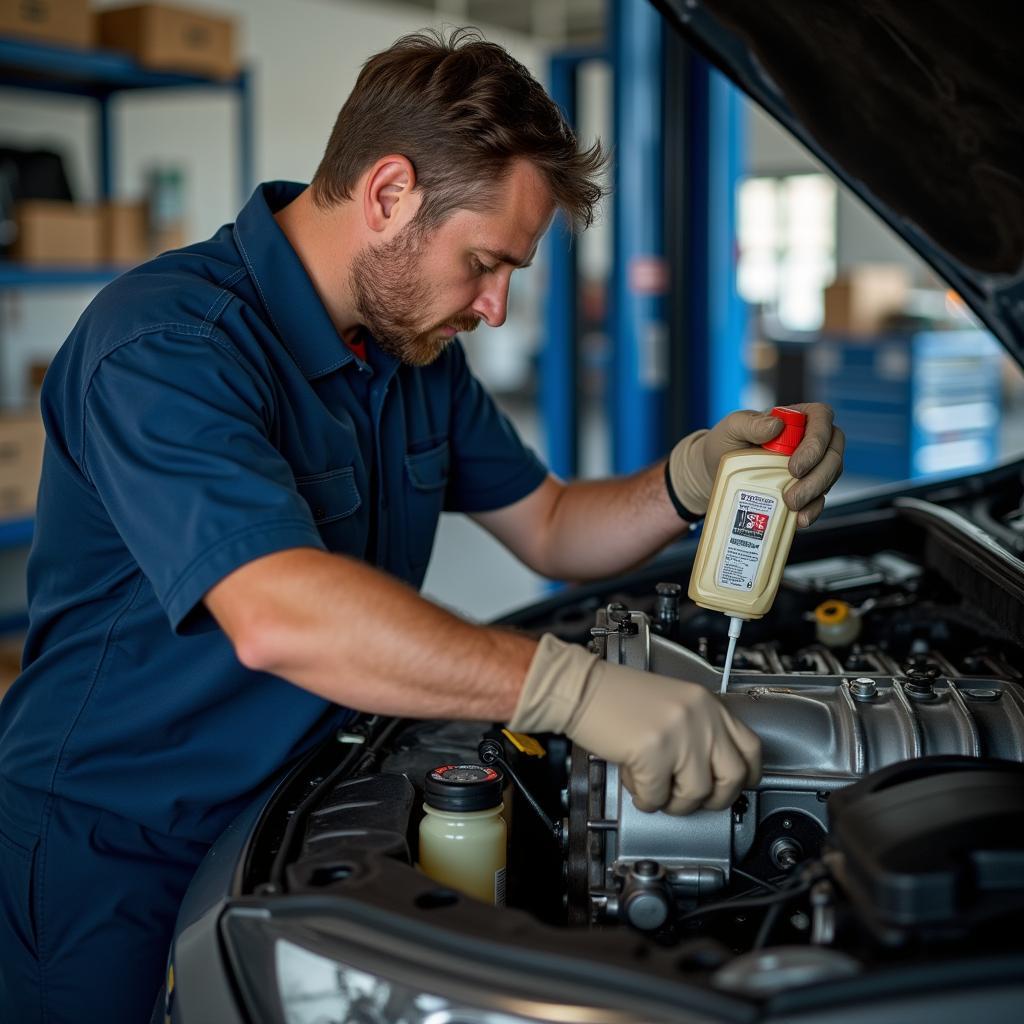 Transmission fluid change service at a car maintenance shop