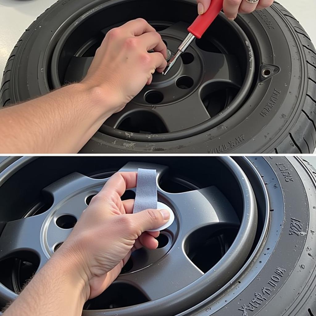 Applying a patch to the inside of a car tyre