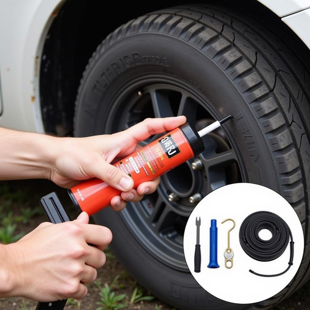 Applying tyre sealant to a punctured car tyre