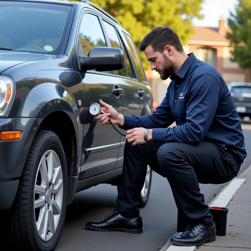 Uber Driver Checking Tire Pressure