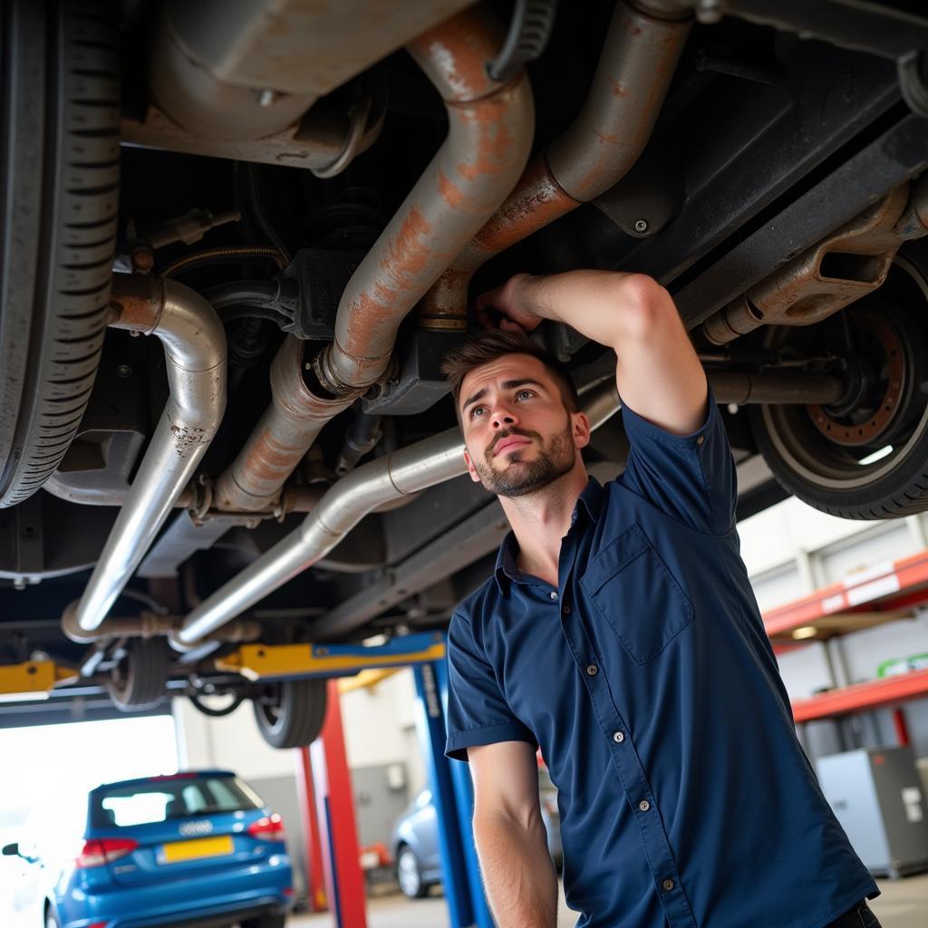 Mechanic inspecting undercarriage of a used car.