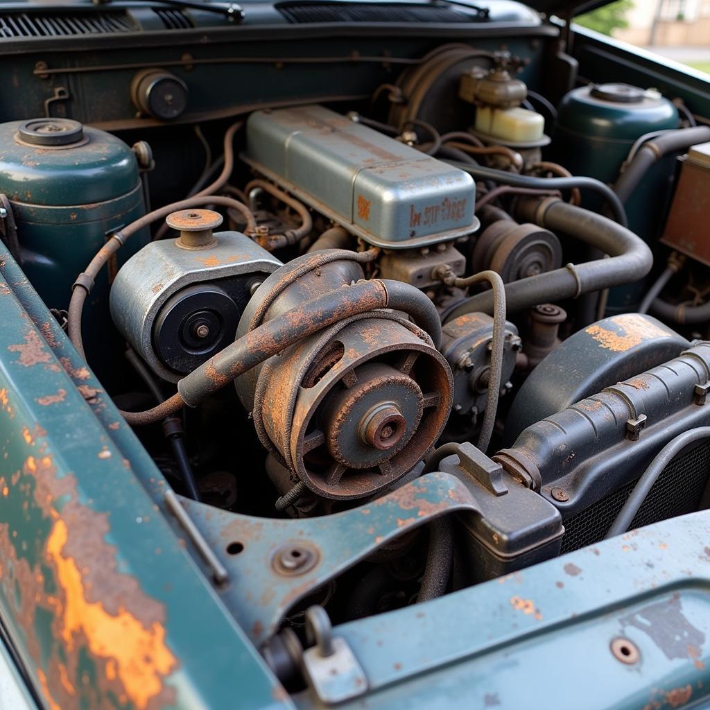 Used car engine with visible damage.