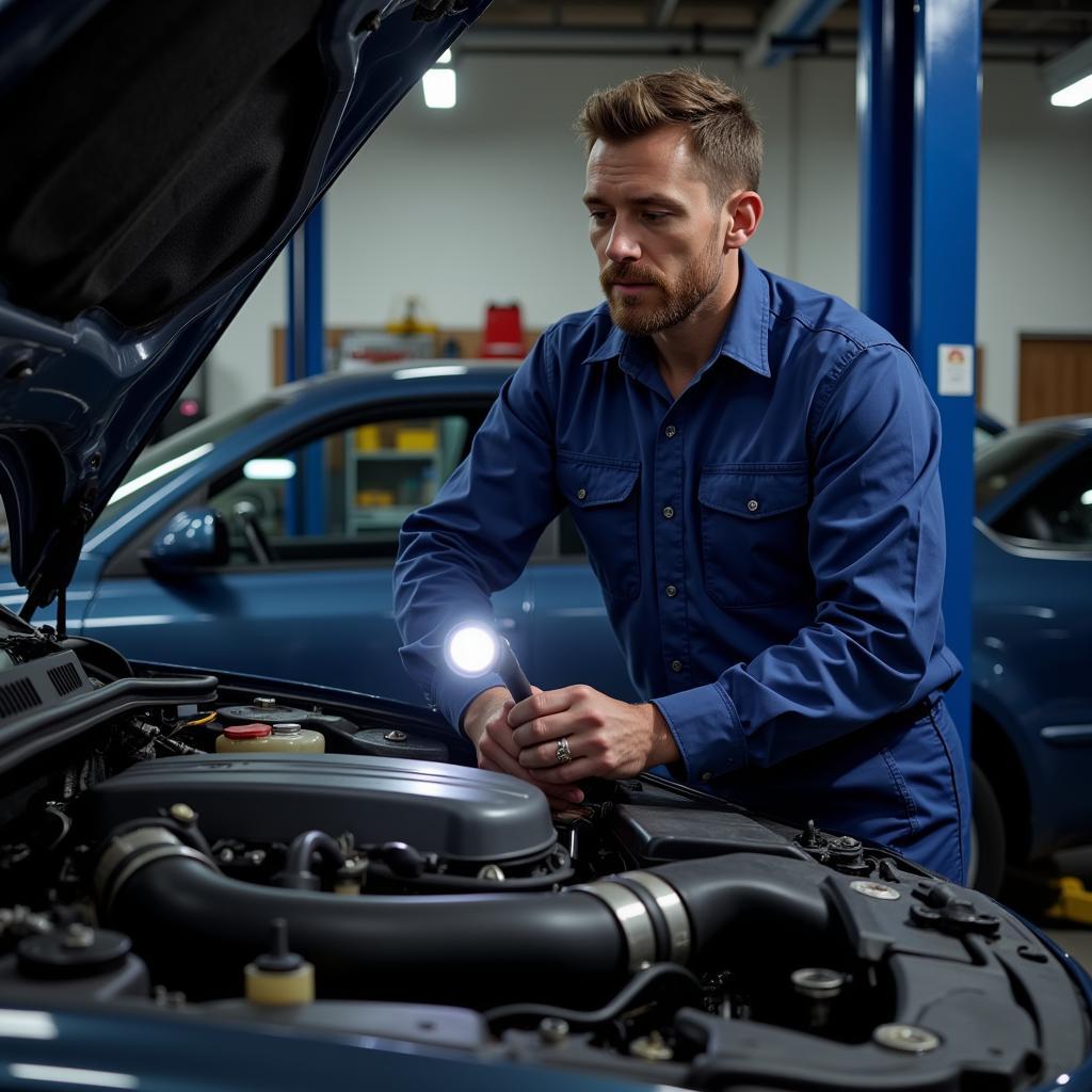 Mechanic inspecting a used car before purchase