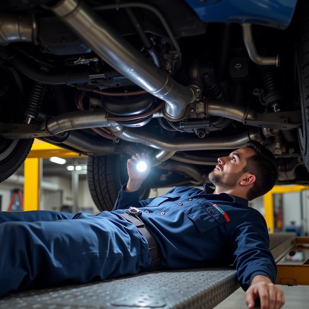 Mechanic Inspecting a Used Car's Undercarriage