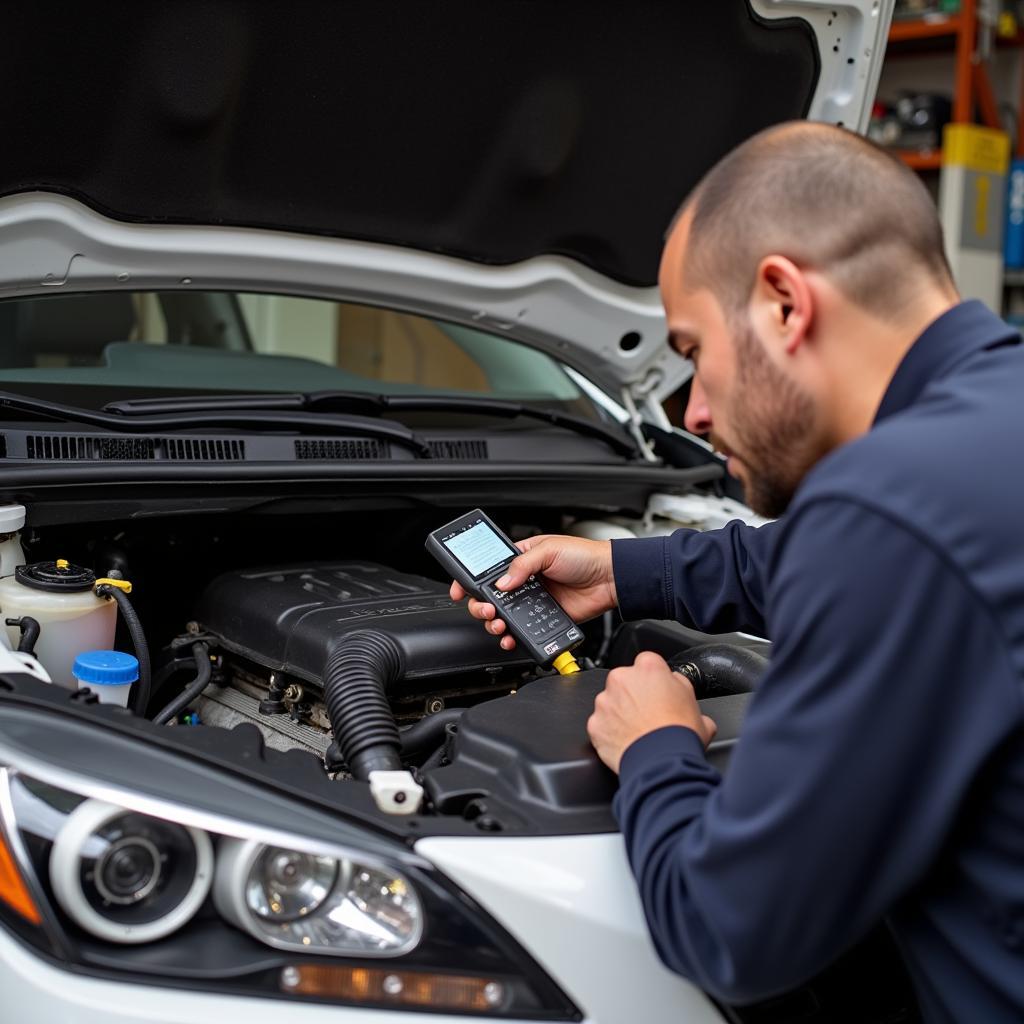 Mechanic Performing a Vacuum Leak Test on a Car Engine