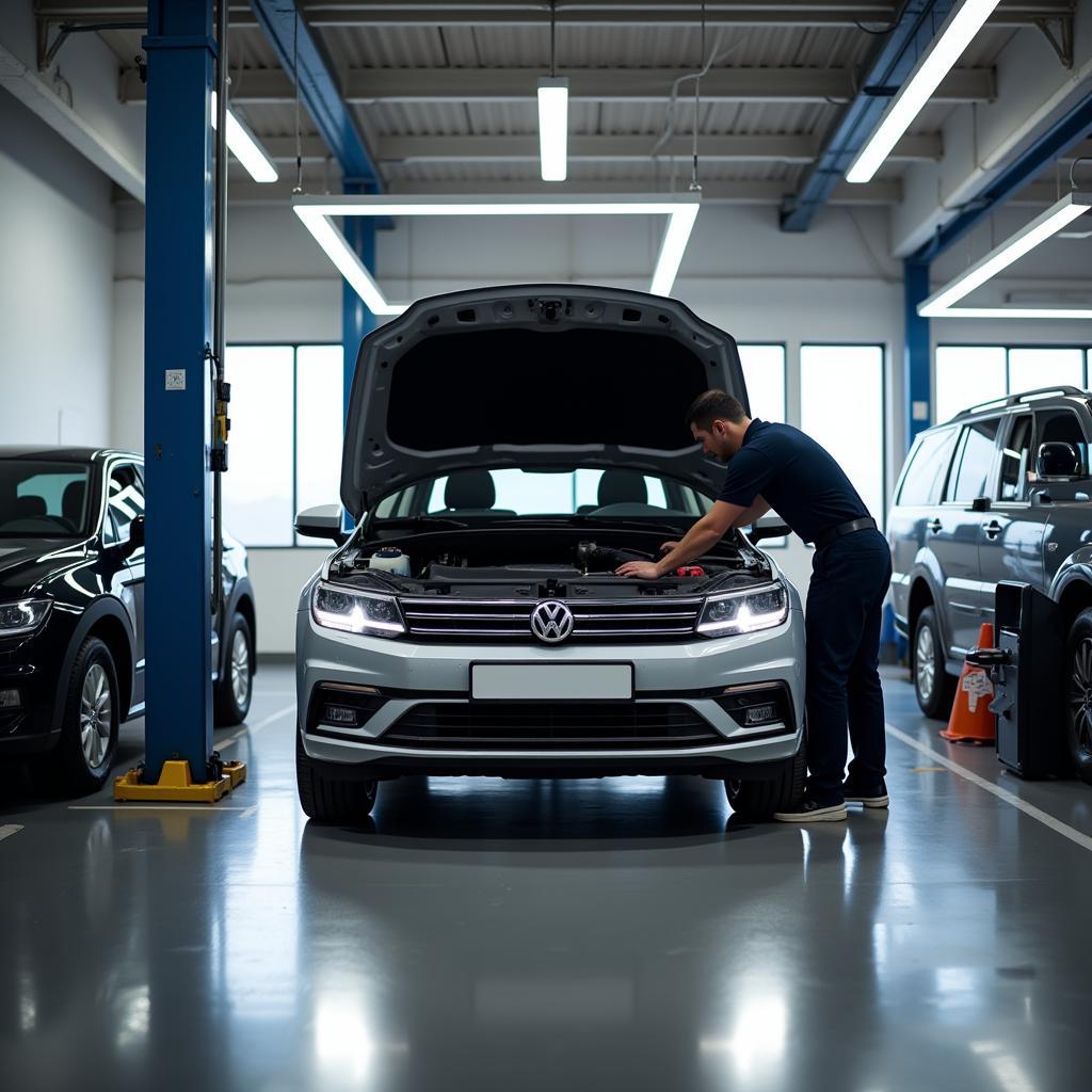 VW Car Undergoing Maintenance in a Garage