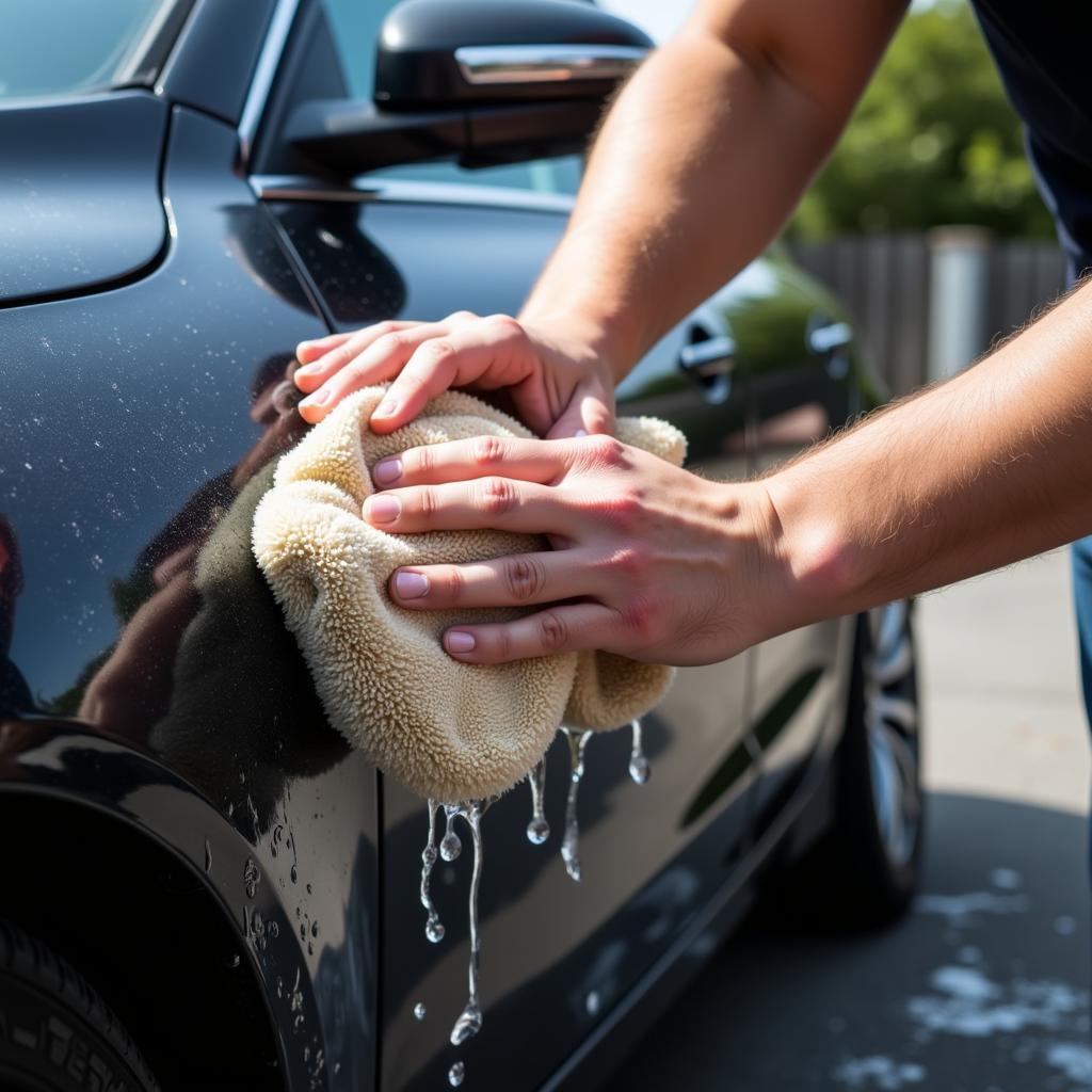 Washing car before polishing