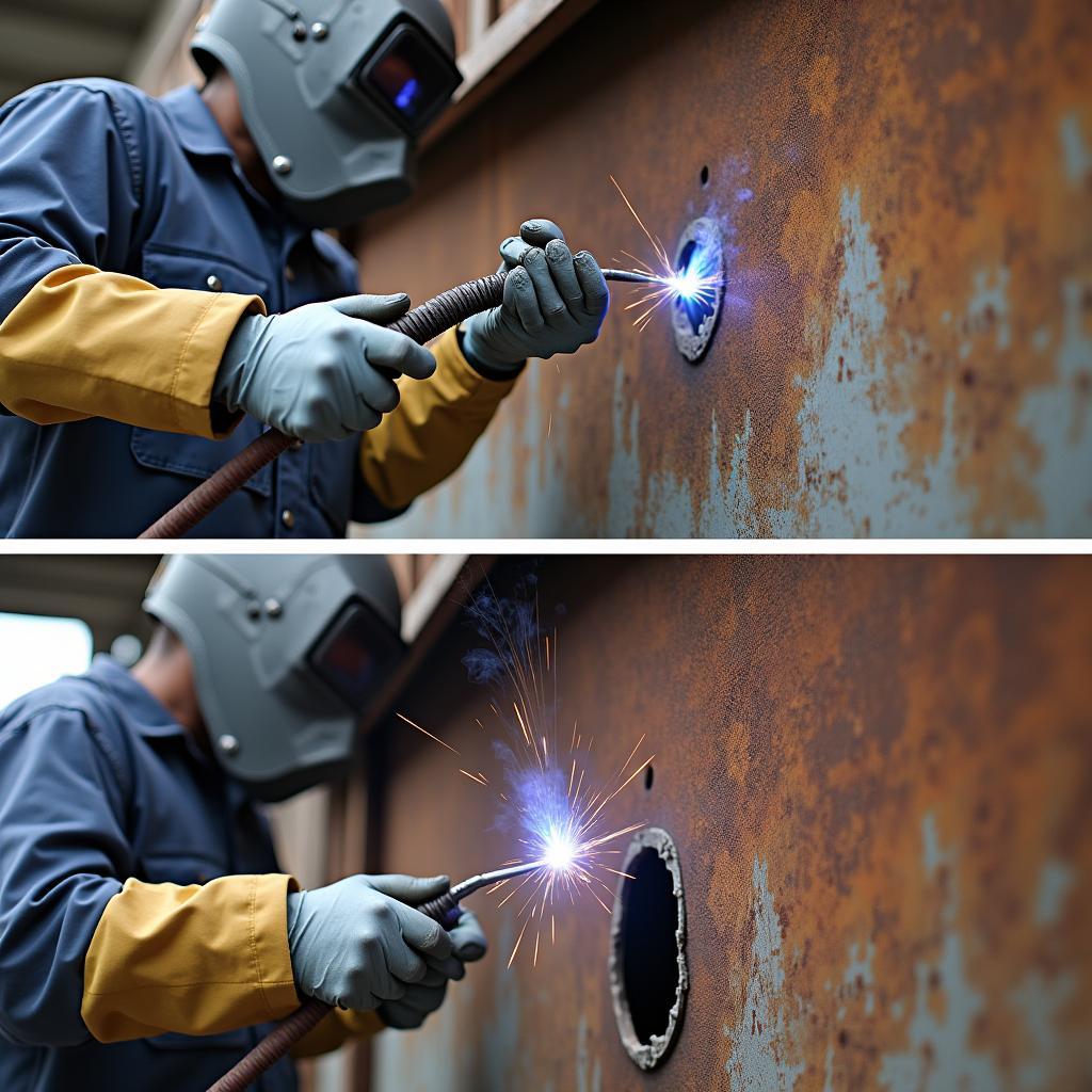 Welding a patch over a rusted hole